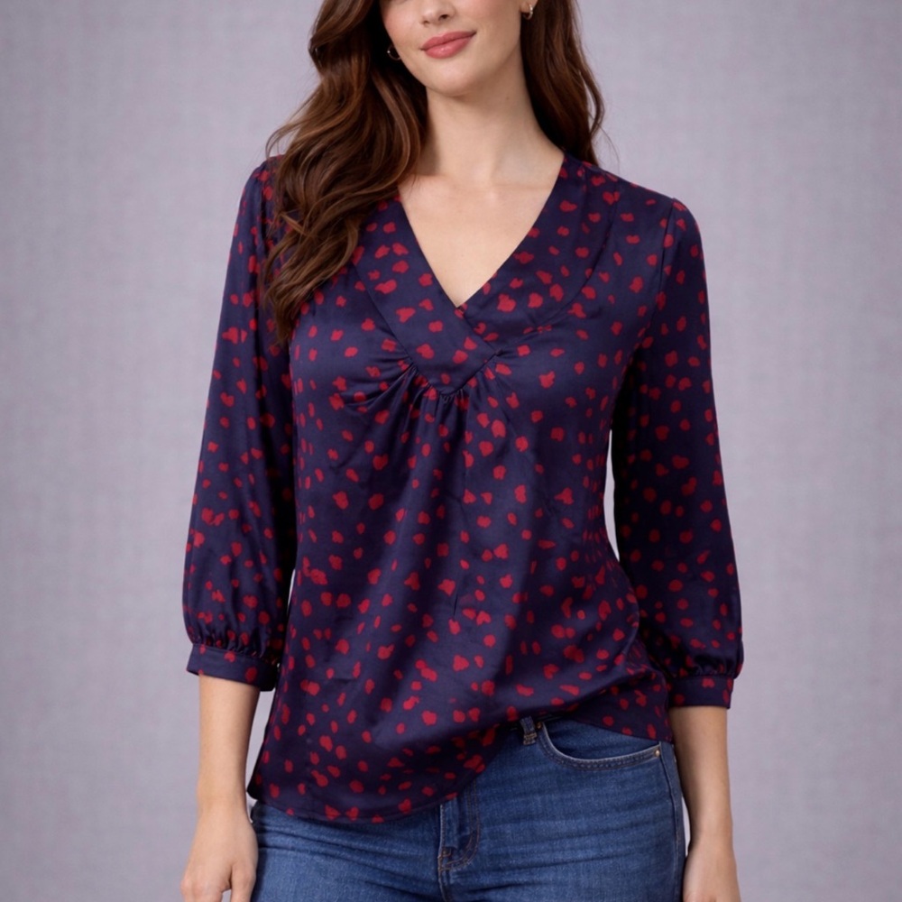 Talbots Top 8 Navy Blue Red Faux Silk 3/4 Long Sleeve NWT Washable